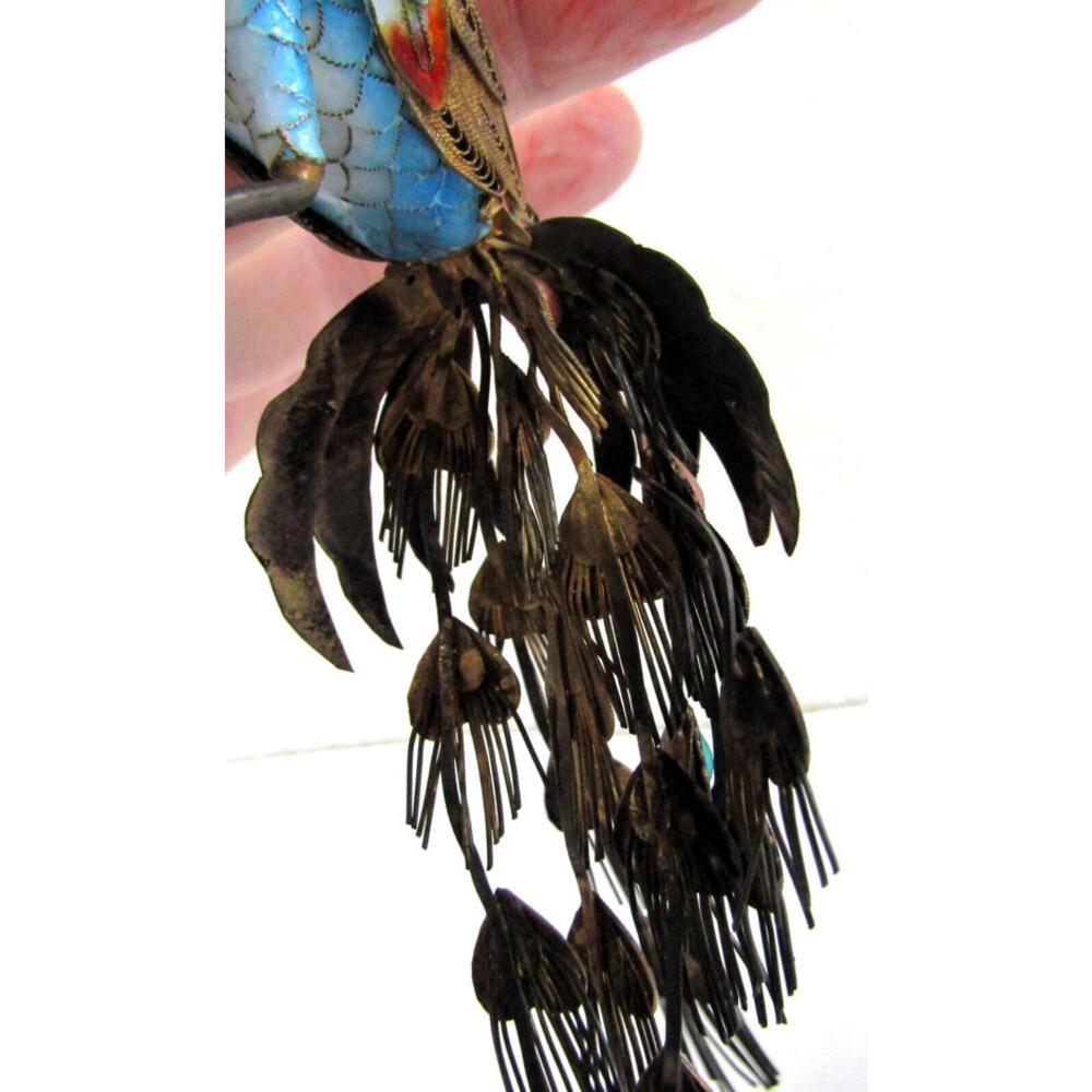 Antique Chinese Silver Gilt Cloisonne Jeweled Peacock Bird Sculpture 19th C. - Picture 15 of 16